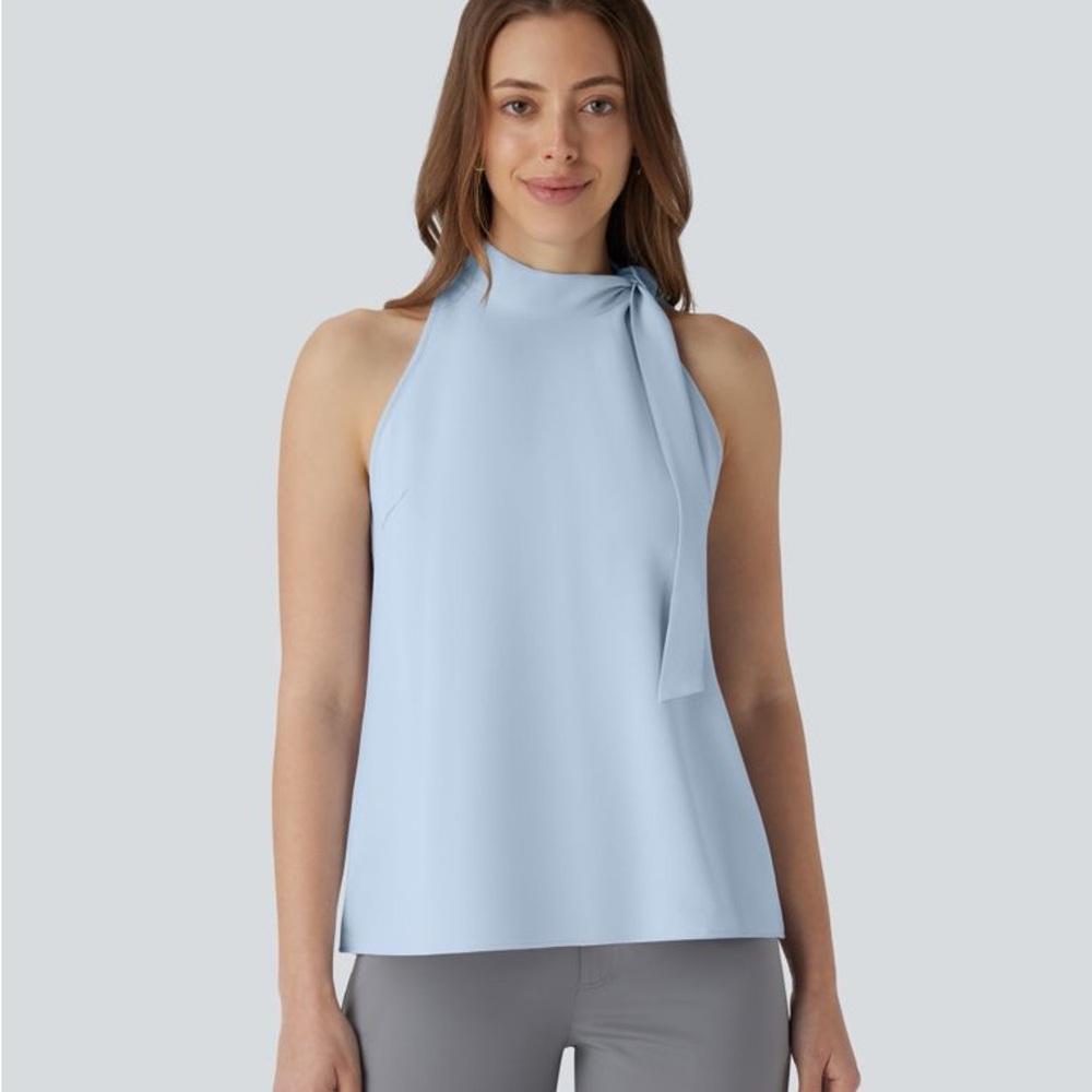 HALARA Light Blue Women's Halter Tie Neck Sleeveless Work Blouse